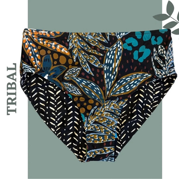 Tribal Reversible High-Waist Bikini Bottoms UPF 50 Atlantic Black Blue Green - Picture 4 of 5
